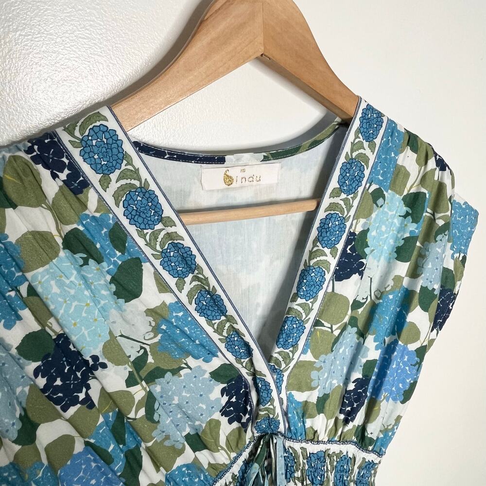 Bindu Aria Maxi Dress XS Blue Floral Cotton Resort Pockets - Picture 6 of 12